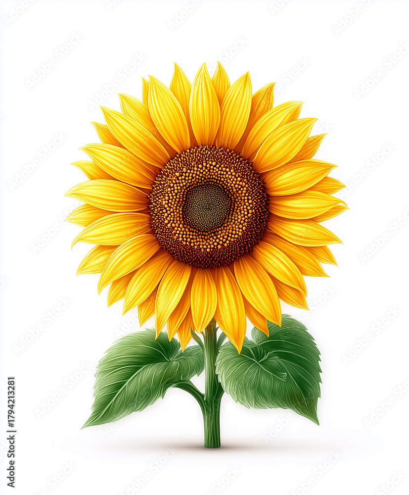 Obraz premium A yellow sunflower with a green stem and leaf. The flower is the main focus of the image, and it is drawn in a stylized way. The bright yellow color of the flower and the green stem