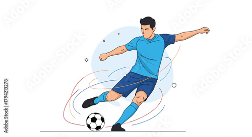 Male soccer player in a blue uniform kicking a football, depicted in a dynamic vector illustration with abstract motion lines.