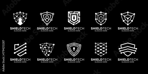 Set of shield security with data connection logo design inspiration. Geometric abstract logo icon vector isolated on black background.