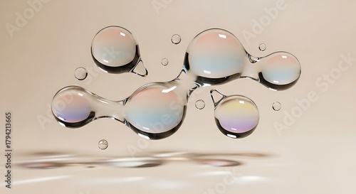Abstract iridescent liquid blobs floating on a beige background