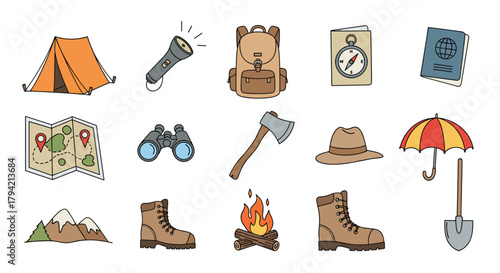 A diverse collection of hand-drawn illustrations showcasing essential equipment and items for camping, hiking, and outdoor adventures.