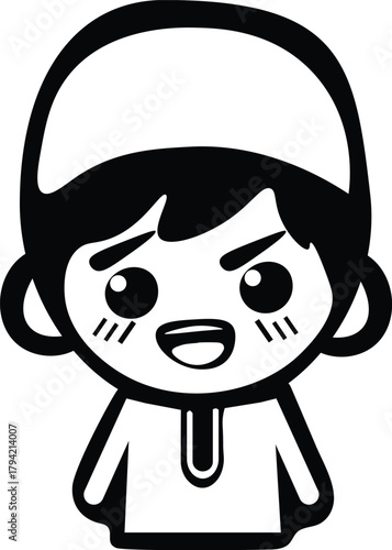 Cute cartoon boy wearing a kufi cap and traditional clothing, with a happy expression and blush marks on his cheeks
