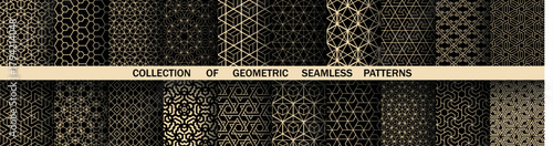 Geometric set of seamless black and golden patterns. Simple vector graphics