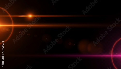 Abstract lens flare effect with orange and pink light on black background