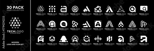 Set of initial letter A logo design inspiration. Geometric abstract logo icon vector isolated on black background.