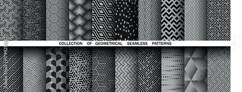 Geometric set of seamless black and gray patterns. Simple vector graphics