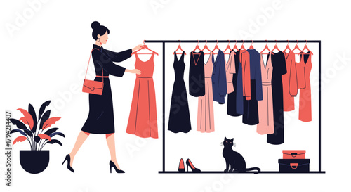 A stylish woman in a black dress holds up a red dress from a clothing rack filled with garments, contemplating her outfit choices with a black cat nearby.