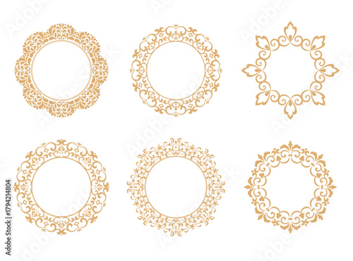 Set of decorative frames Elegant vector element for design in Eastern style, place for text. Floral golden and white borders. Lace illustration for invitations and greeting cards