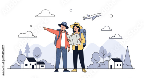 Two young travelers with backpacks are navigating with a map and pointing towards a scenic view in a charming landscape.