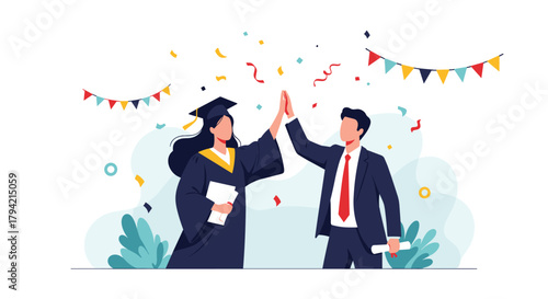 A female graduate in a cap and gown high-fives a man in a suit, celebrating academic success with confetti and festive banners.
