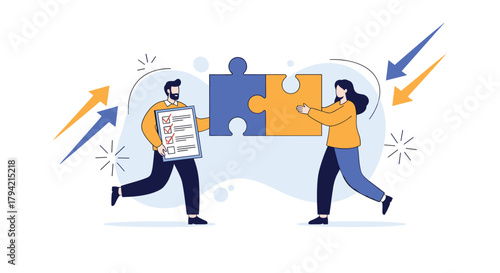 Business man and woman collaborate on project tasks, bringing puzzle pieces together while checking off items on a list for successful completion.