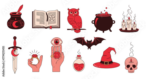 A vibrant collection of occult and magical items, including spellbooks, potions, and wiccan symbols, rendered in a striking flat design.