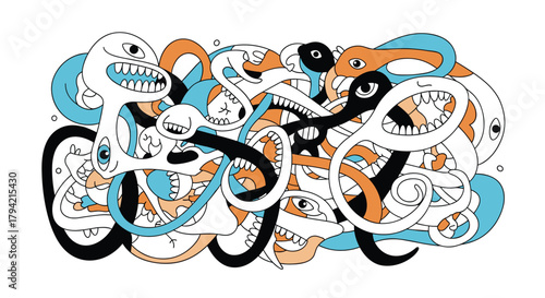 Abstract illustration of a chaotic tangle of cartoonish, doodle-style creatures with sharp teeth and bulging eyes.