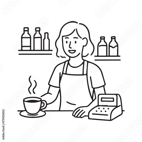 Friendly barista serving hot coffee at cafe, a modern minimalist line art illustration perfect for menus, websites, or coffee shop branding needs now