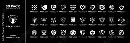 Set of shield technology logo design inspiration. Geometric abstract logo icon vector isolated on black background.