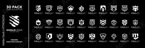 Set of shield armor defense logo design inspiration. Geometric abstract logo icon vector isolated on black background.