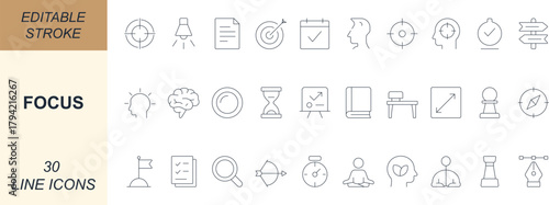 Focus line vector icon set with target, goal, vision, strategy, productivity, time, and concentration. Perfect for apps, web, business, and UI projects. Editable for easy customization.
