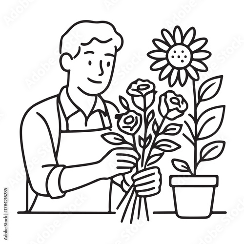Charming florist arranging roses and sunflower, bringing beauty to your day with fresh flowers and plants for home decor and gifts, line art design