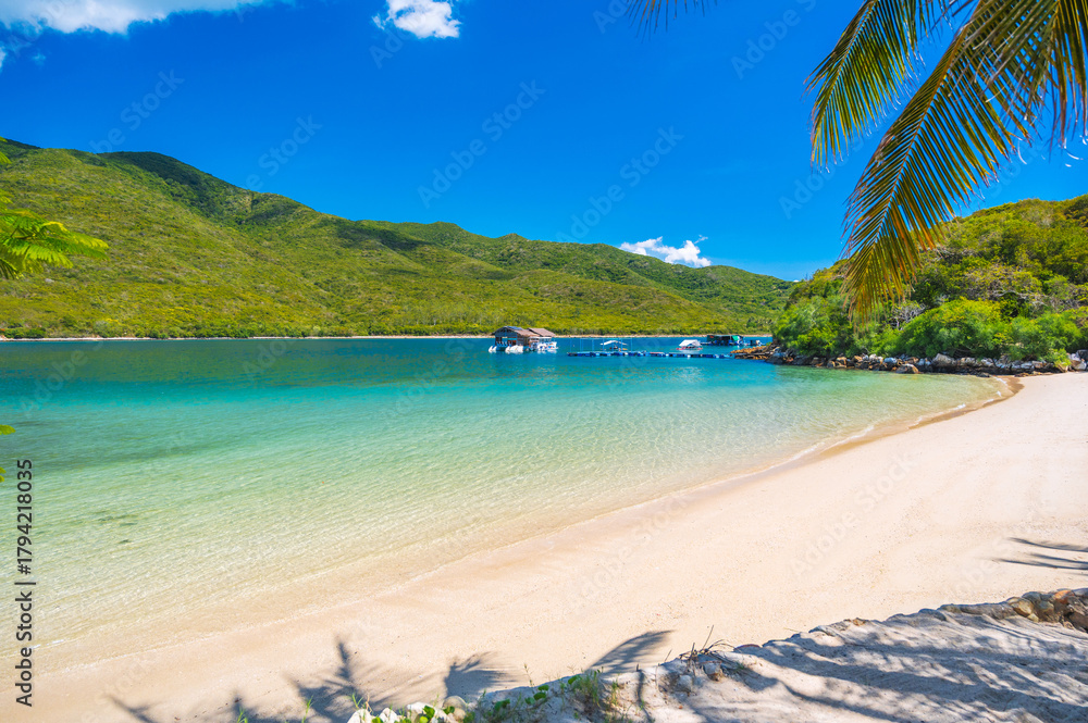 Obraz premium sandy beach in azure bay by the sea in summer day. A tropical luxury resort on an island in Asia. Panorama landscape with exotic ocean view