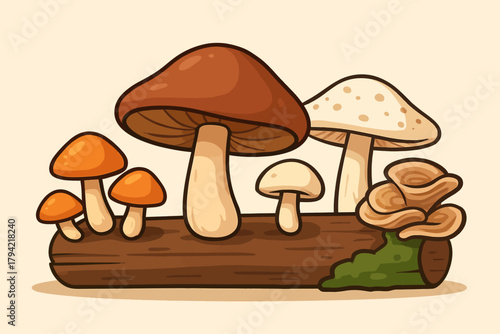 Illustration of various mushrooms on a log with a light beige background color tone
