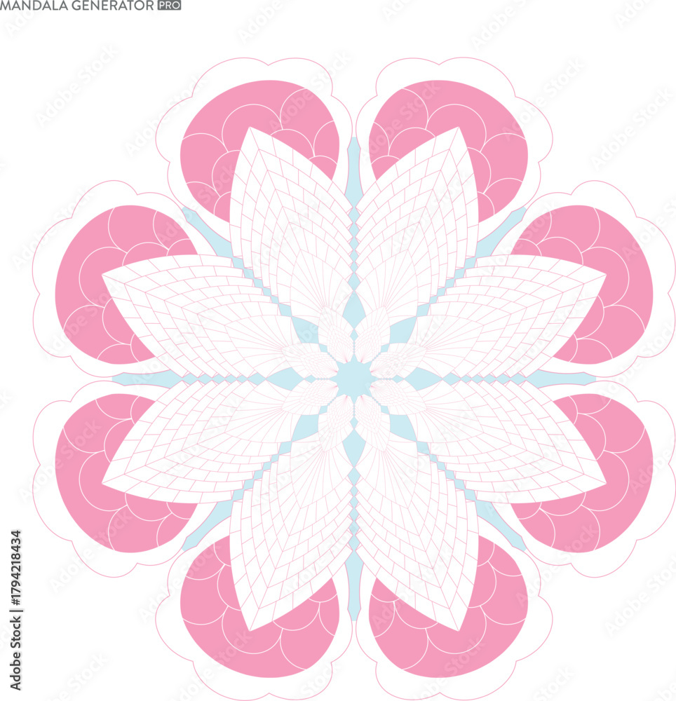 Fototapeta premium Delicate pink and white mandala design radiating with geometric symmetry for relaxation and spiritual inspiration featuring a soothing light blue center