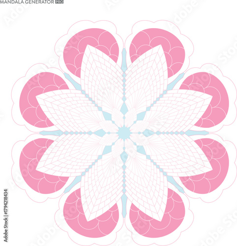 Delicate pink and white mandala design radiating with geometric symmetry for relaxation and spiritual inspiration featuring a soothing light blue center