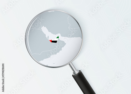 United Arab Emirates Map Under Magnifying Glass with National Flag Overlay.