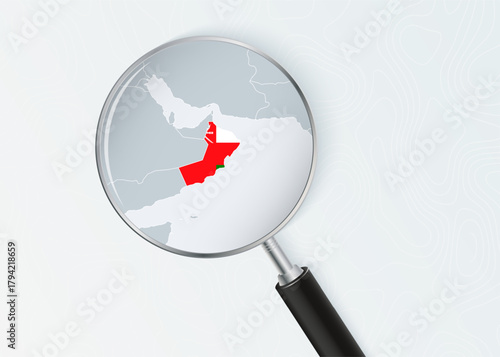 Oman Map Under Magnifying Glass with National Flag Overlay.