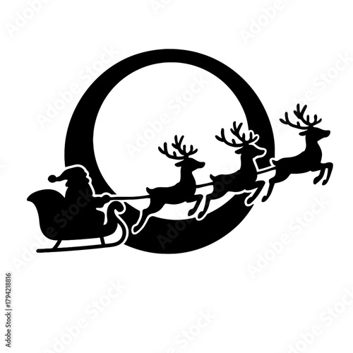 Silhouette of santa in sleigh pulled by reindeer with circle on white background design