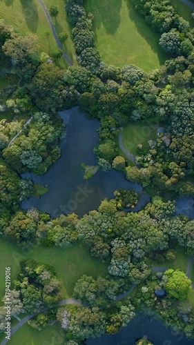 Aerial view of Western Springs, Auckland, New Zealand, showing a busy highway with cars and trucks moving along the road, next to a park with trees and a pond.