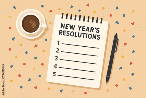 New year's resolutions list with coffee and pen on confetti covered background flat lay