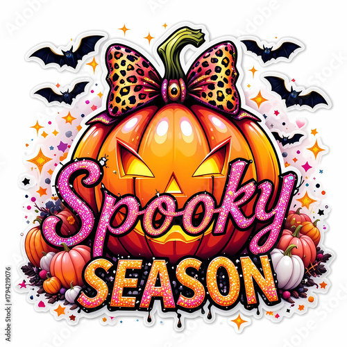 Glamorous jack-o’-lantern with sparkling leopard bow, vibrant gradient colors, and festive Spooky SEASON lettering for a bold Halloween design.