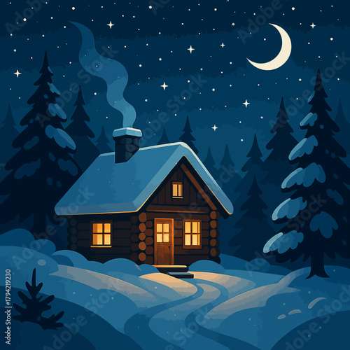 A cozy cabin glows warmly amidst a snowy forest under a crescent moon and starry sky