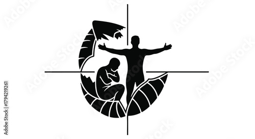 Humanity's journey from struggle to freedom depicted through symbolic figures and growth.