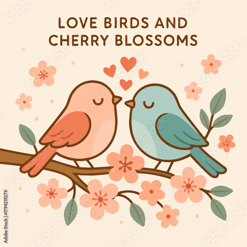 Two cartoon birds perched on a blossoming branch with hearts above them illustration