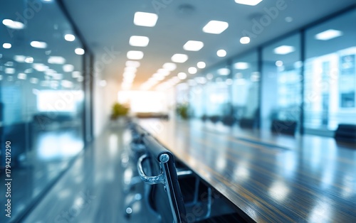 Office blur meeting room blurred background of blurry boardroom interior with work desk table for business people team discussion corporate conference enterprise seminar : Generative AI. High quality