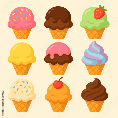 A delightful array of nine cartoon ice cream cones with various flavors and toppings