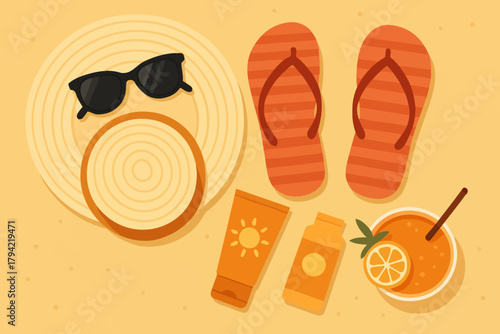 Flat lay of beach essentials including hat sunglasses flip flops sunscreen and a drink
