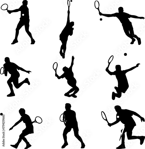 Dynamic silhouettes of tennis players in action