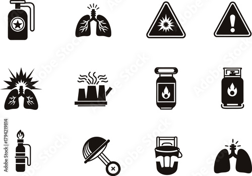 Collection of black and white icons representing danger health hazards and explosive elements