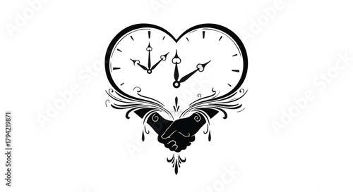 Symbolic illustration of two hands shaking beneath a heart-shaped clock, representing time and connection.