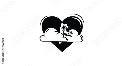 Whimsical character embracing clouds within a stylized heart shape