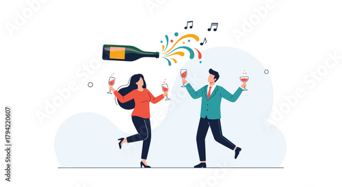 Two lively people joyfully dancing and toasting with drinks as champagne sprays, surrounded by musical notes at a festive celebration.