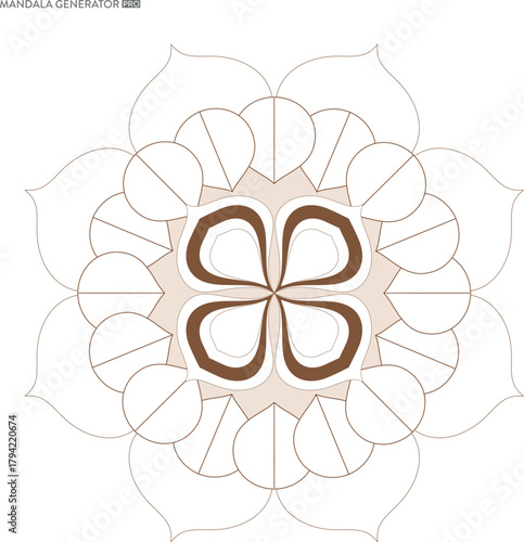 Symmetrical mandala design with floral elements and a four petal centerpiece ideal for coloring books and meditative practices art therapy and digital designs