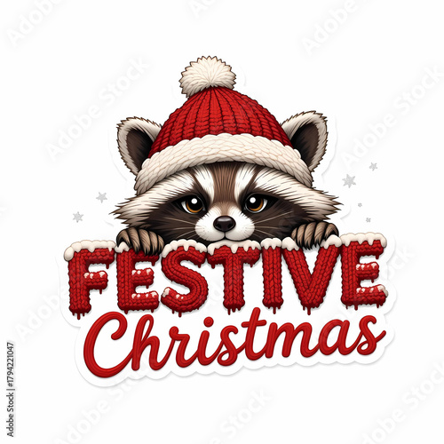 Cozy yarn-style raccoon in a Santa hat peeking over chunky festive lettering for a warm handcrafted Christmas design.