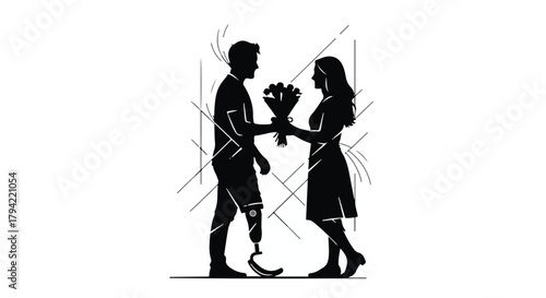 Man with prosthetic leg offers a bouquet of flowers to a woman, symbolizing love and acceptance