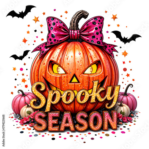 Vibrant jack-o’-lantern with sparkling leopard bow, glowing gradient colors, and festive Spooky SEASON lettering for a playful Halloween design.