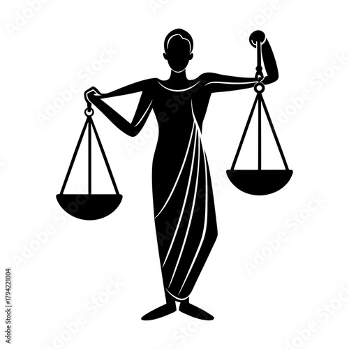 Silhouette of lady justice holding scales representing law and equilibrium symbol