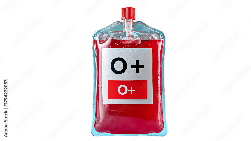 Obraz premium Red blood bag labeled O+ with water droplets, symbolizing essential blood donation.