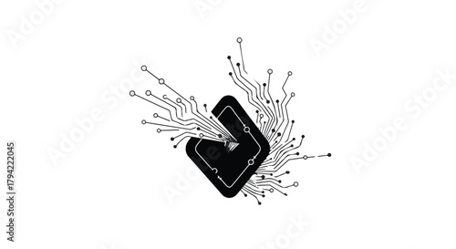 Abstract digital circuit board exploding with connectivity and data flow